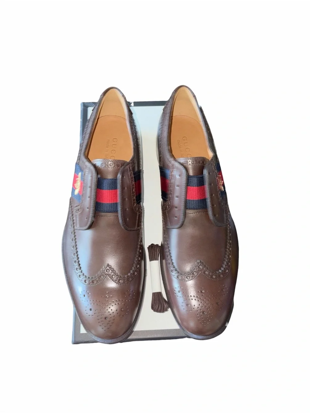 Gucci Dark Brown Leather Wingtip Slip-On Loafers with Red & Blue Web size 11